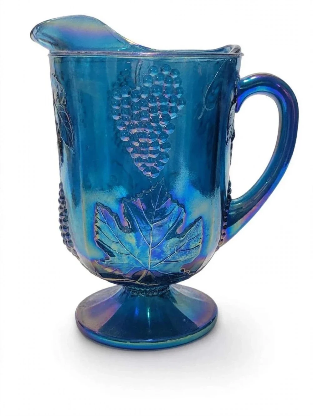 Vintage Indiana Glass Blue Carnival Glass - Harvest Grape Pitcher + 6 Tumblers -